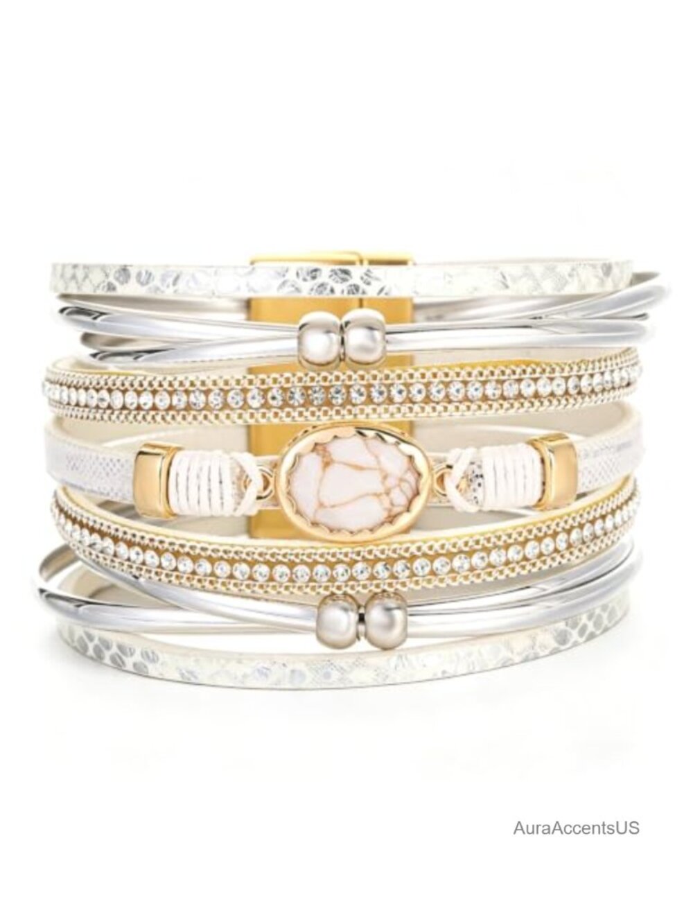Women's Faux Leather Wrap Cuff Bracelet with Clasp Boho Layered Rhinestone